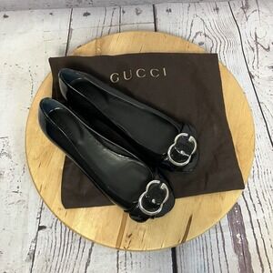 Gucci Ballet‎ Flats Womens Size 37EU 7US Black Leather Buckle Peep Toe